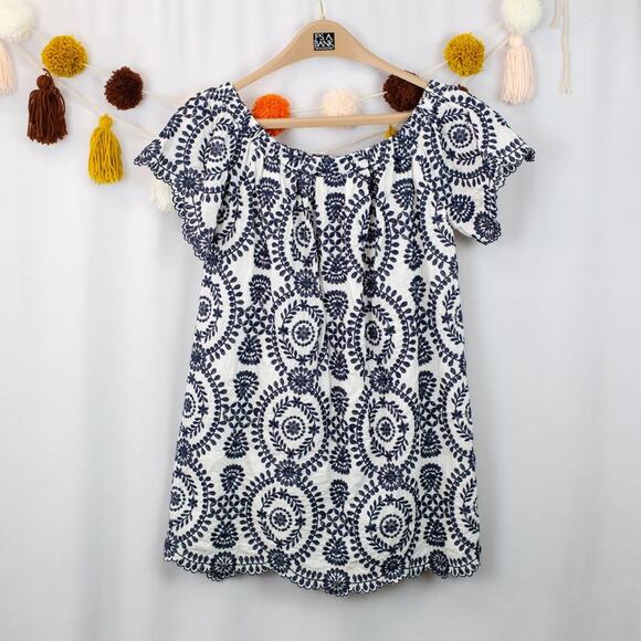 Entro Navy Blue White Floral Paisley Embroidered Off Shoulder Mini Dress Medium - Picture 3 of 6